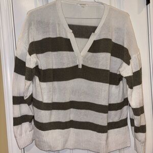 Striped V-Neck Sweater - White and Green